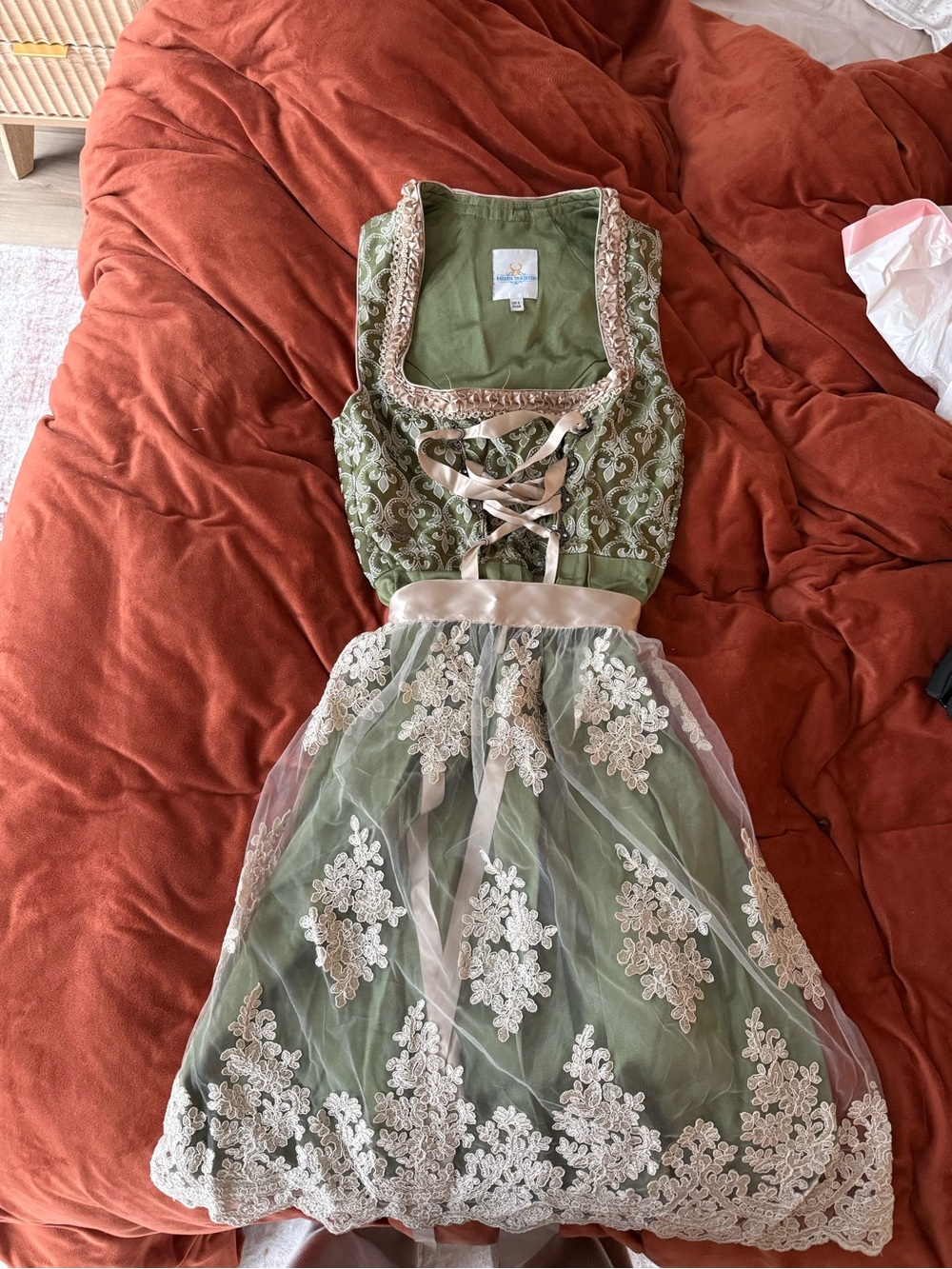 Girls Green Lace-Up Embroidered Dress